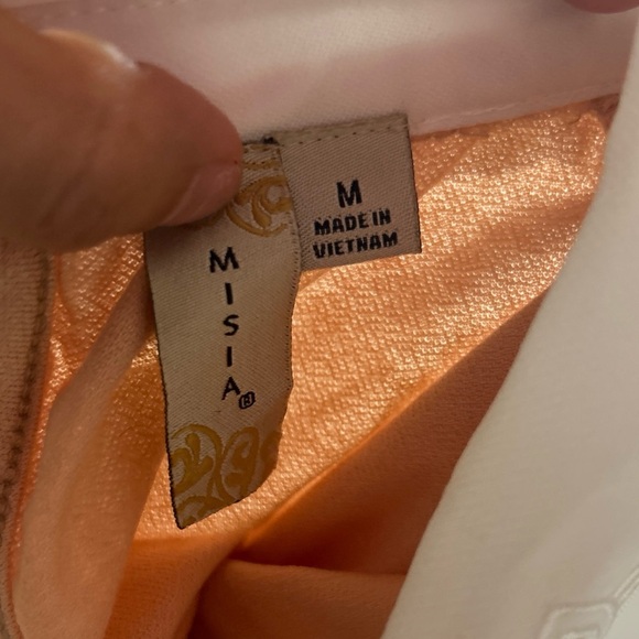 Misia Shirt Top Blouse Womens Medium Pink Shite Short Tie Sleeves Tunic Collared - Picture 4 of 4